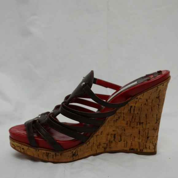 POLLINI Red & Brown Strappy Cork Platform Wedge Sandals, size 37 - Picture 6 of 8